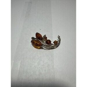 .925 Sterling Silver Baltic Amber Brooch Pin Vintage Flower, Not Marked, Tested.